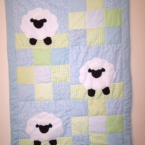 Hand Appliqued Lamb with Blue and Green Patchwork Baby Boy Quilt