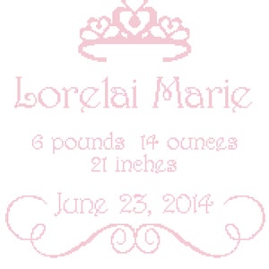 Princess Birth Info with Crown Cross Stitch Pattern
