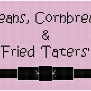 May include: A pink background with black text that reads "Beans, Cornbread & Fried Taters". A black ribbon with a bow is below the text.