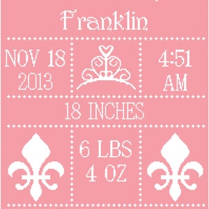 Princess with Crown and Fleur De Lis Wall Art Cross Stitch Pattern Baby Announcement/Birth Record