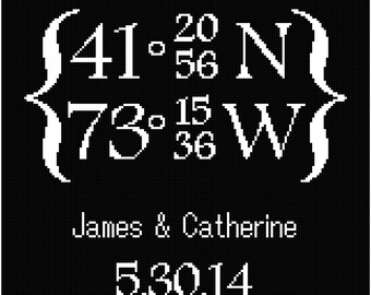 Black and White Wedding Info with Longitude and Latitude Wall Art Cross Stitch Pattern