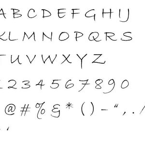 May include: A handwritten alphabet and number set in black ink on a white background. The letters A through Z, numbers 1 through 0, and various symbols are displayed in a simple, casual font style. The image is suitable for educational or design purposes.