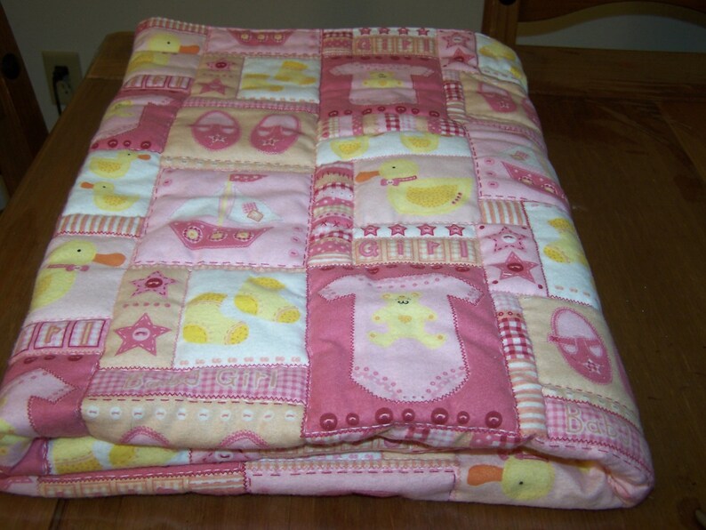 Pink Hand Quilted Flannel Baby Blanket image 2