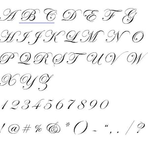 May include: A black and white image of a cursive font alphabet with uppercase letters, lowercase letters, numbers 1 through 0, and punctuation marks. The font is a classic, elegant script style.