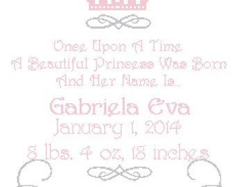 Once Upon a Time Princess Wall Art Cross Stitch Pattern Birth Announcement / Birth Record