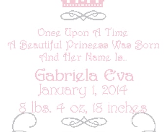 Once Upon a Time Princess Wall Art Cross Stitch Pattern Birth Announcement / Birth Record