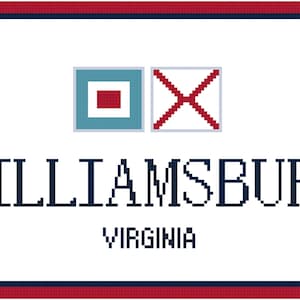 Puede incluir: Un cartel blanco con un diseño de bandera náutica azul y roja y el texto "WILLIAMSBURG VIRGINIA".