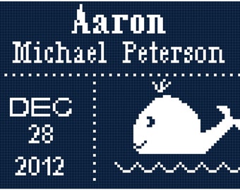 Nautical Whale Birth Announcement/Record Mini For Boy with name and date Cross Stitch Pattern