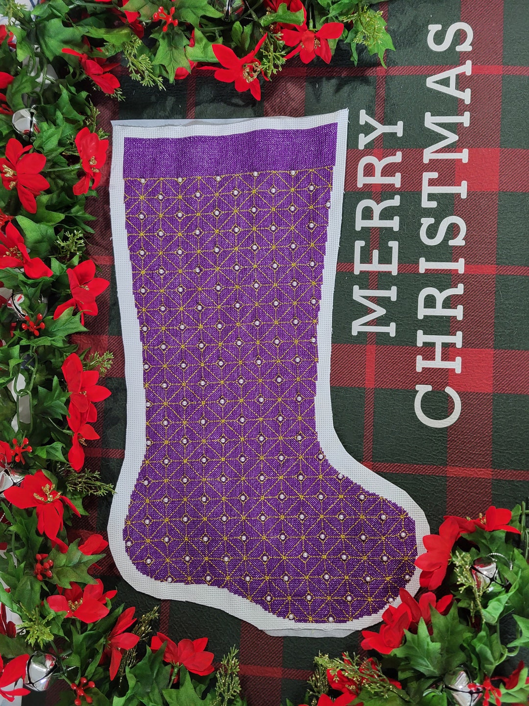 Finished Cross Stitch Stocking Sashiko 5 With Swarovski Pearls Etsy