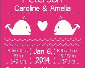 Nautical/Whale Birth Record/ Announcement For Twin Girls Wall Art/Cross Stitch Pattern