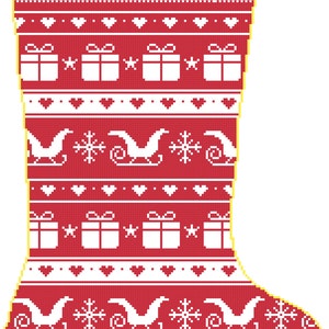 May include: Red and white Christmas stocking with the name "Monique" at the top. The stocking features a pixelated design with gift boxes, snowflakes, hearts, and sleighs. A festive holiday decoration.
