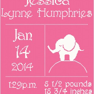 Animal Elephant Birth Record/ Announcement for Girls Wall Art Cross Stitch Pattern