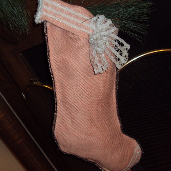 Gorgeous ORGANIC & NATURAL Pink Burlap  Christmas Tree Stockings - Rustic Shabby Paris Chic