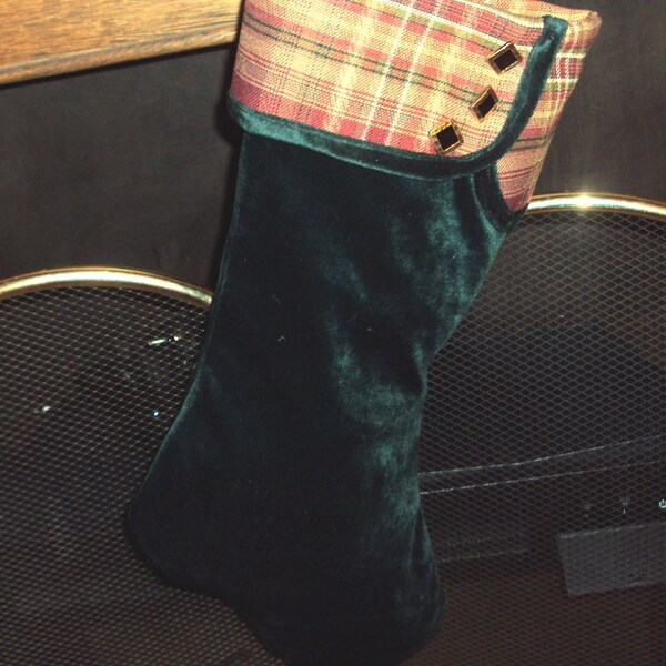 Christmas Stocking Designer CLAYTON MARCUS Scottish  Plaid Cuff with (3) Buttons Trims this Beautiful Green Velvet