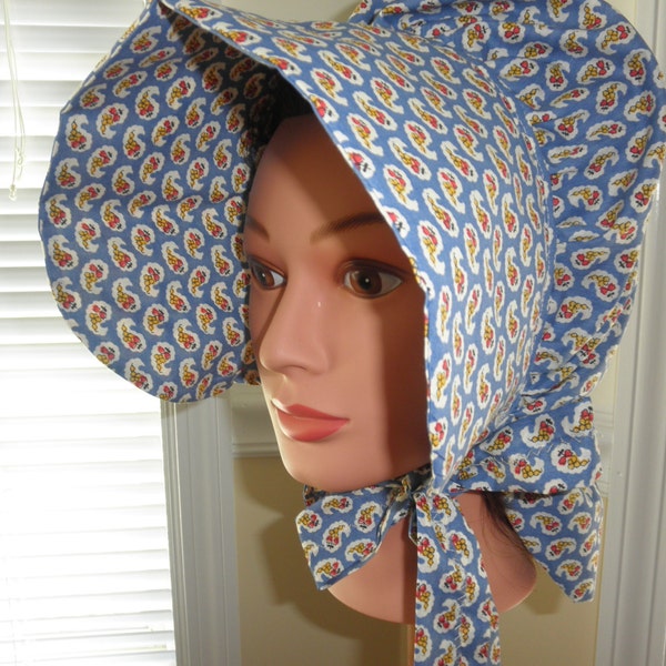 1800's Inspired SunBonnet Re-Enactor Costume Pioneer-- Paisley Calico Blue