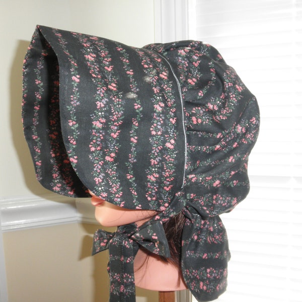 1800's Inspired SunBonnet---Re-Enactor Costume Pioneer - Black with Pink Rose Bands