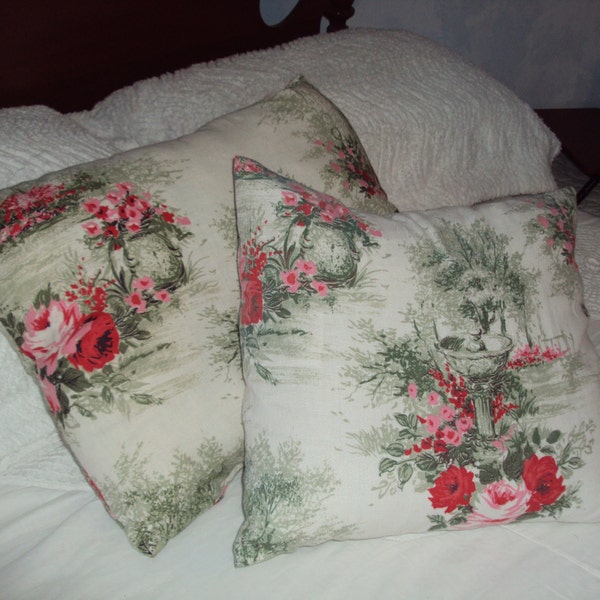 Throw Pillow Pair...Vintage BarkCloth  Shabby Chic Roses -  Pink & Green and White