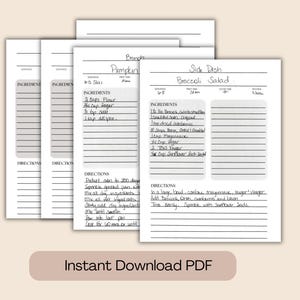 Puede incluir: Una pila de tarjetas de recetas blancas con texto y líneas negras. La tarjeta superior se titula Side Dish Broccoli Salad e incluye secciones para porciones, tiempo de preparación, tiempo de cocción, cocina, ingredientes e instrucciones con texto escrito a mano en tinta negra.