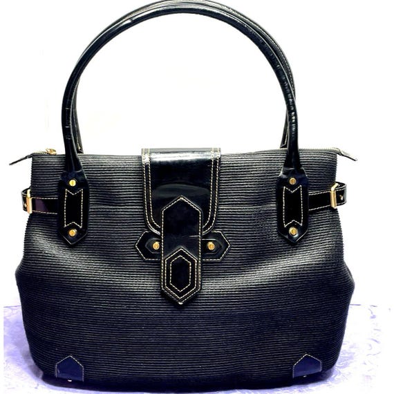 Eric Javits New York Large Black Tote bag Straw Leather Trim Gold Logo + mirror