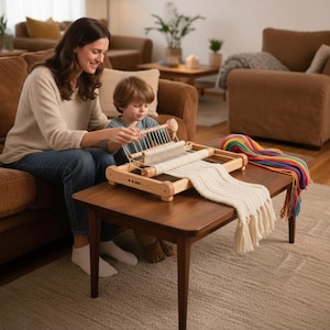 Peut inclure: Un métier à tisser en bois avec une écharpe crème partiellement tissée. Une femme et un enfant travaillent ensemble sur le métier. Un ensemble de fils colorés est posé sur la table.