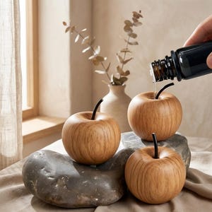 May include: Three wooden apple-shaped diffusers with black stems rest on gray stones. A hand pours liquid from a dark bottle into one diffuser. A vase with dried branches sits in the background. The diffusers have a wood grain pattern.