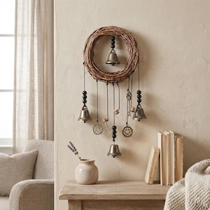 May include: A decorative wall hanging with a circular woven wreath, metal bells, and charms. The bells hang from black cords, and the charms include stars and vials. A small vase with lavender sits on a wooden table, next to some books.