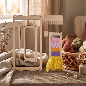 May include: A set of light-coloured wooden weaving tools including a large rectangular loom frame, a smaller loom frame, two long needles, and two combs. One loom frame features a partially woven textile with pink, purple, and yellow yarn.