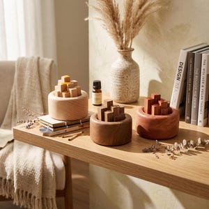 May include: Three wooden essential oil diffusers with geometric block designs are displayed on a wooden shelf. The diffusers are in light, medium, and dark brown tones. A small glass bottle of oil, a vase with dried plants, and books are also on the shelf.