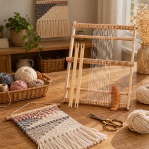 May include: A wooden weaving loom frame with vertical white warp threads, two wooden shuttles, and a small wooden comb. A woven wall hanging with fringe, a wicker basket containing various yarn balls, and metal scissors are also present.