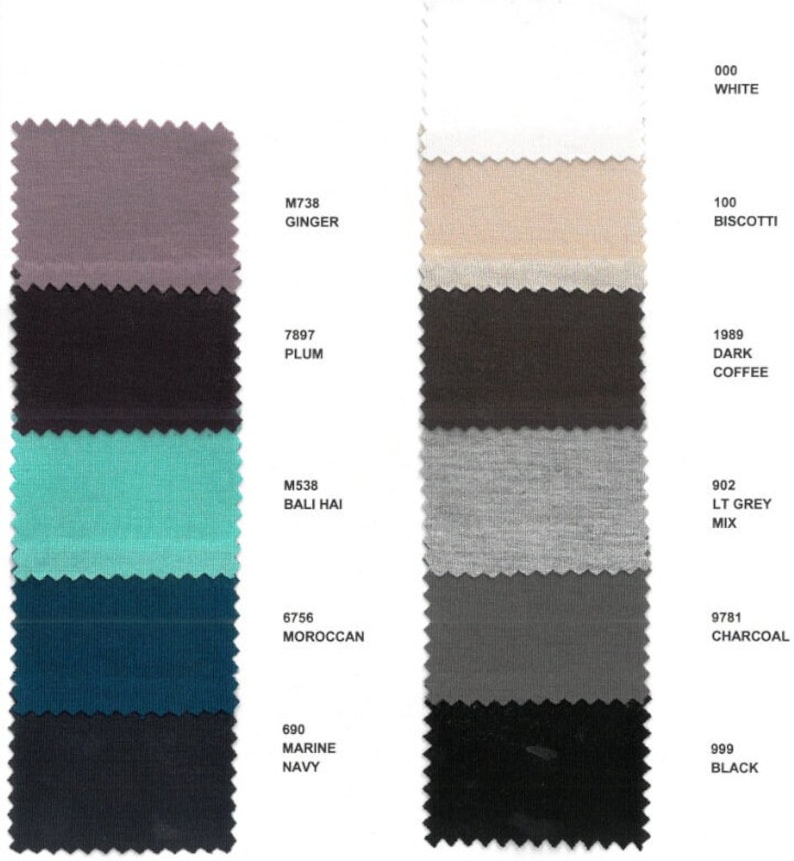 May include: Swatch card showing 10 fabric color samples. The colors are: white, biscotti, dark coffee, light grey mix, charcoal, black, ginger, plum, Bali Hai, and Moroccan.