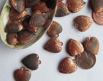 10 Vintage Patina Puffed  Hearts