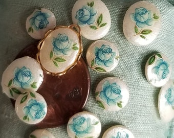 Tiny Vintage Japanese Cabochons With Blue Roses, Two Sizes