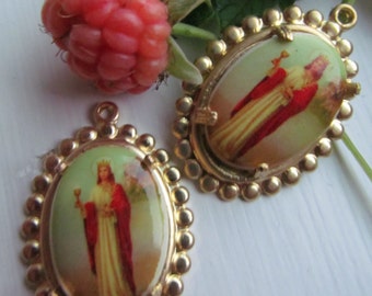 Religious "Santa Barbara"West German Glass Cabochons In  Setting