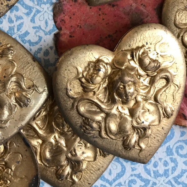 4 Vintage Large Patina Art Nouveau Gibson Girl Hearts, An Old Soul