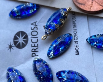 6 Vintage Blue Opal Harlequin Preciosa Navette Glass Cabochon, 15/17mm