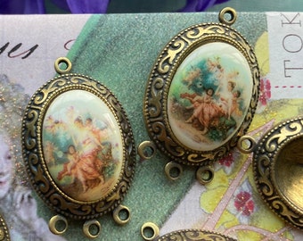 Vintage Ornate Brass Setting With Three Bottom Hoops And Romantic Cabochon