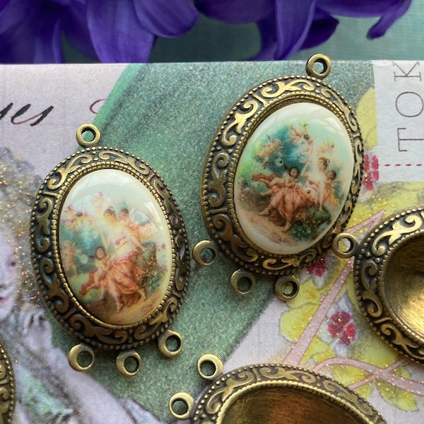 Vintage Ornate Brass Setting With Three Bottom Hoops And Romantic Cabochon