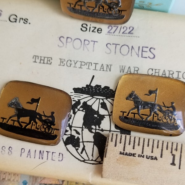 6 Vintage Chariot Painted German Cabochons,27mm x 22mm