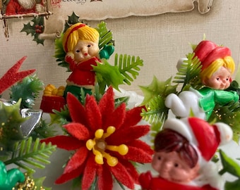 8 Vintage Mid-Century Weihnachtselfen Und Weihnachtsstern-Picks, 8 sortiert pro Angebot, 4 Elfen- 4 Stechpalmen, etwa 2 Zoll groß.