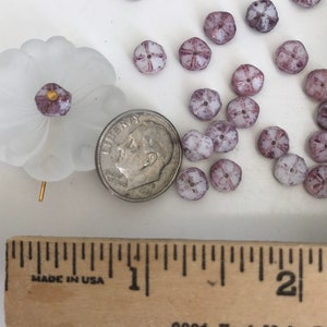 Puede incluir: Una colección de pequeñas cuentas de vidrio blanco con acentos morados. Las cuentas están esparcidas sobre una superficie blanca junto a una regla y una moneda de veinticinco centavos de dólar estadounidense.