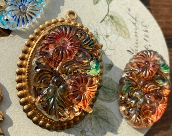 Vintage Crystal Floral German 30x22mm Stone, Handpainted Topaz Or Pastel Blue