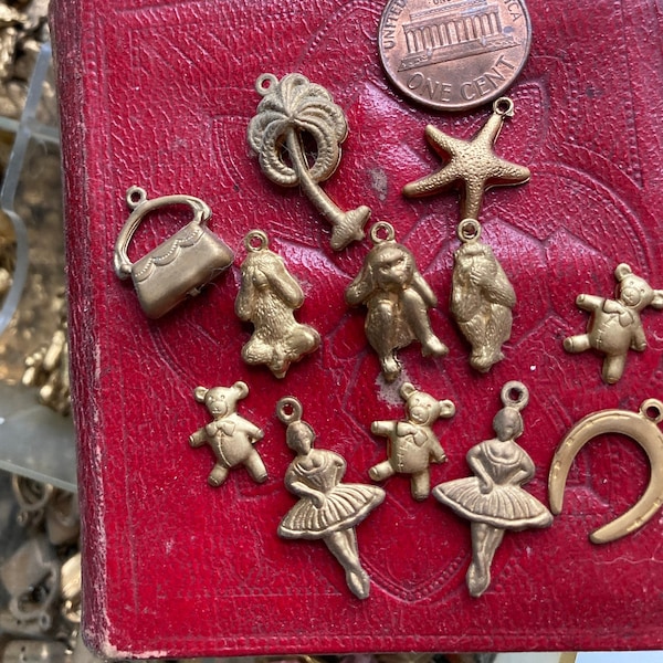 10 Vintage Collection Of Charms, Palm Tree, Pocketbooks, Starfish, Ballerinas, See Speak and Hear No Evil Monkeys