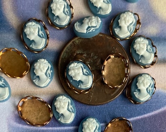 12 Vintage Lady On Wedgwood Blue Resin 6/8mm Cameo Cabochons or 6 with Settings