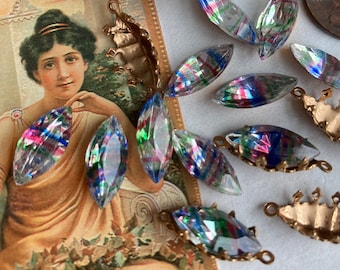4 Vintage "IRIS"  Navette Glass Tricolor Rainbow  Stones, 15/17mm