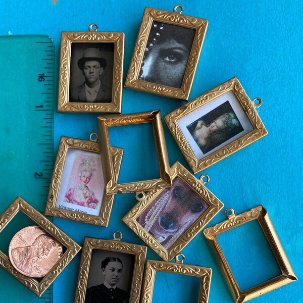 2 Vintage 1 Inch Small Size Brass Frames With Hoops, Miniature Dollhouse Pendent Size