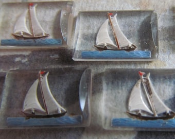 6 Vintage-Glasgemälde mit spiegelverkehrten Segelbootmotiven – Hergestellt in Westdeutschland ...Segel mit mir davon!
