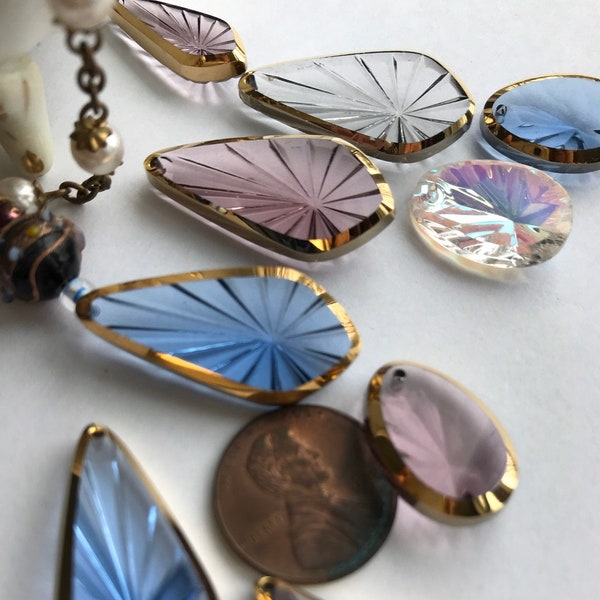 UPDATED! Larger Size & Ovals!  Vintage German Crystal Diamond Gold Leaf  Drops