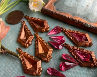 4 Vintage Copper Art Deco Setting With Hoop, 30mm-1 1/4 Inch, Available with Vintage rose 15x7mm stones