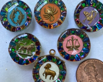 Vintage Rare Zodiac Intaglio Glass German Cabochon With Setting