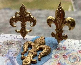 3 Vintage Brass Fleur-De-Lis, 3 Styles 1 Inch Mix And Match